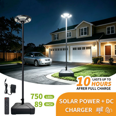 89 Inch Outdoor Street Light with Steel Pole & Fillable Base, 750 LEDs Solar Lamp Post Light, Solar Powered & DC Charging, IP65 Waterproof