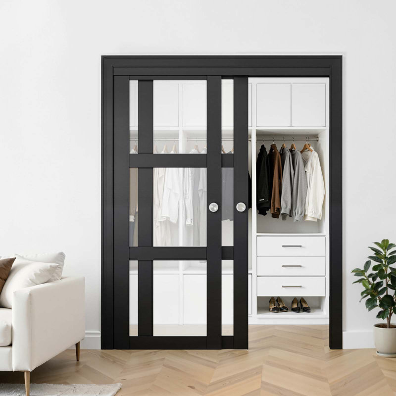 Ensemble de quincaillerie de porte coulissante de dérivation, quincaillerie de porte de contournement à double rail en alliage d'aluminium de 5 pi, coulissante douce et silencieuse, facile à installer, pour un système de 2 portes d'une épaisseur de 1 po à 1 3/4 po d'épaisseur et de 30 po de largeur, pour placard