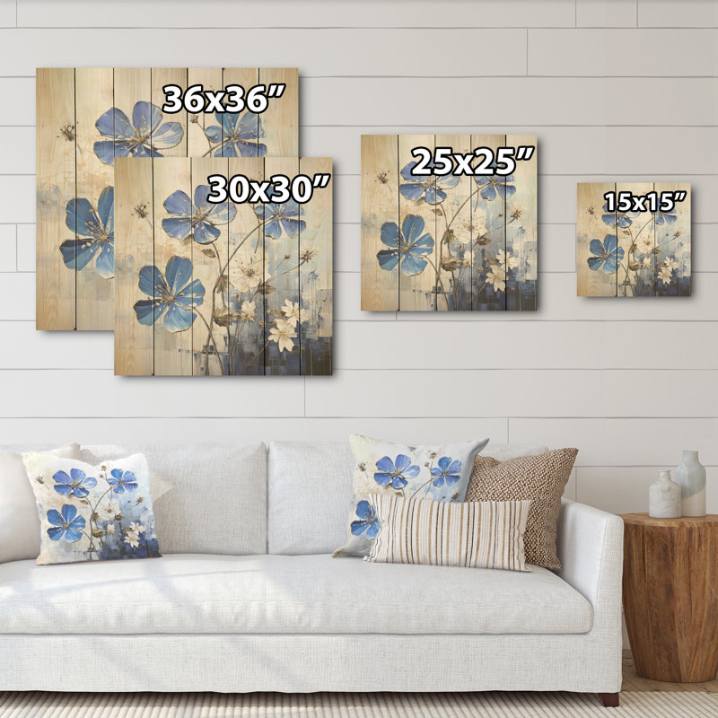Minimalism Blue And White Geraniums Flowers - Geraniums Wood Wall Art On Natural Pine Wood, 15" H x 15" W