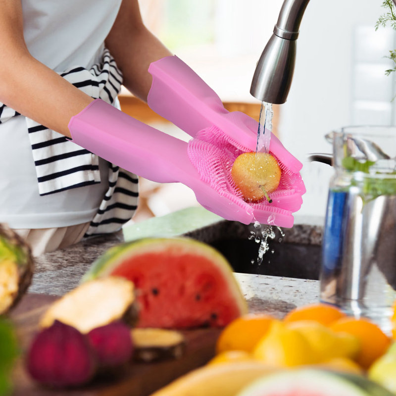 1 paire de gants de lavage en silicone pour brosse à vaisselle en éponge, Pink