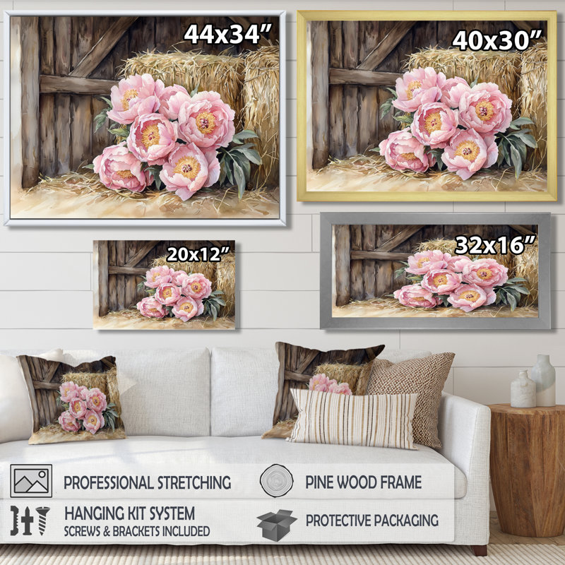 Dortha Farm, pivoines dans le Hayloft I - pivoines, art mural, H 30 po x l 40 po, Impression encadrée flottante, Crème, crème