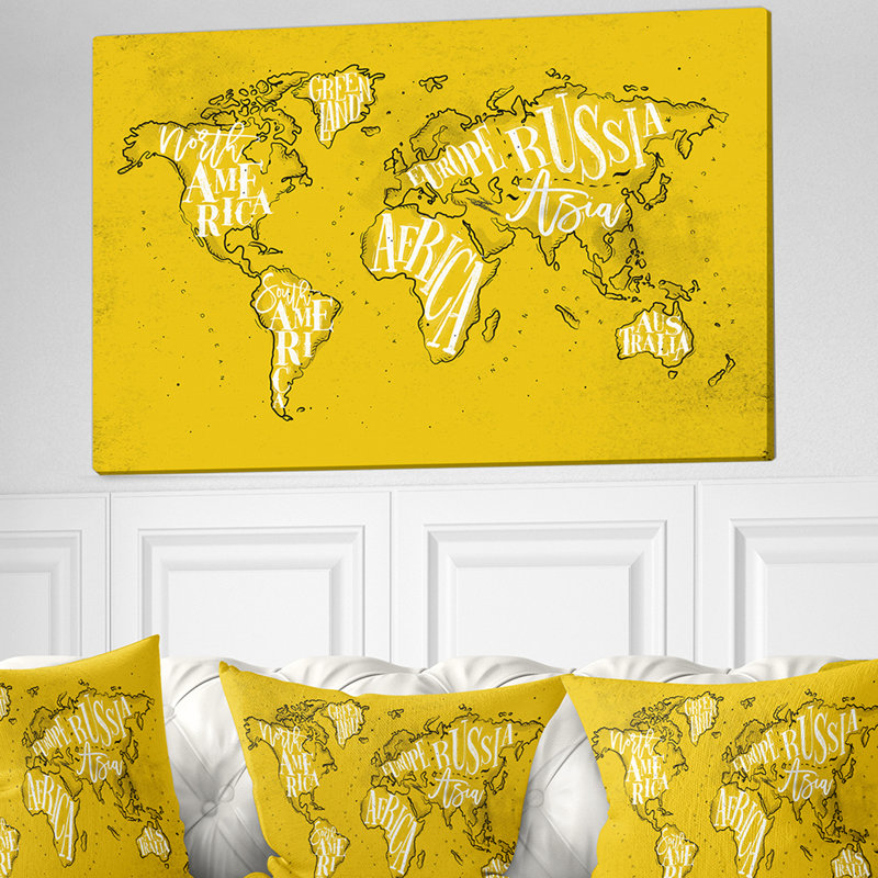 Carte du monde-impression d’art graphique, H 30 po x l 40 po x 1,5 po, Toile tendue