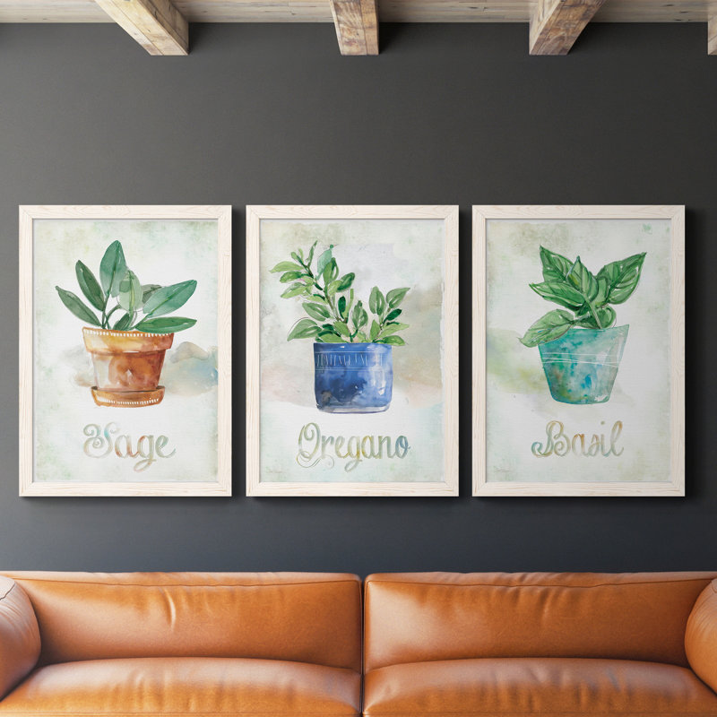 «Pots Basil», ensemble de 3 impressions sur toile tendue, Blanc, H 20 po x l 51 po x P 1,5 po