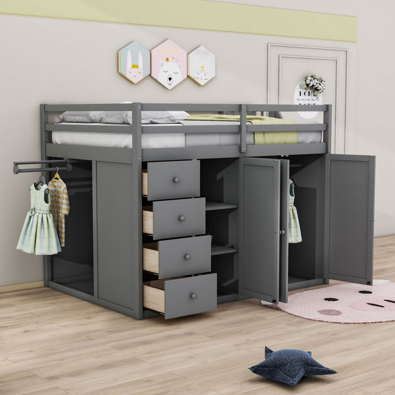 Lit mezzanine double avec tiroirs Jebidiah Kids, gris