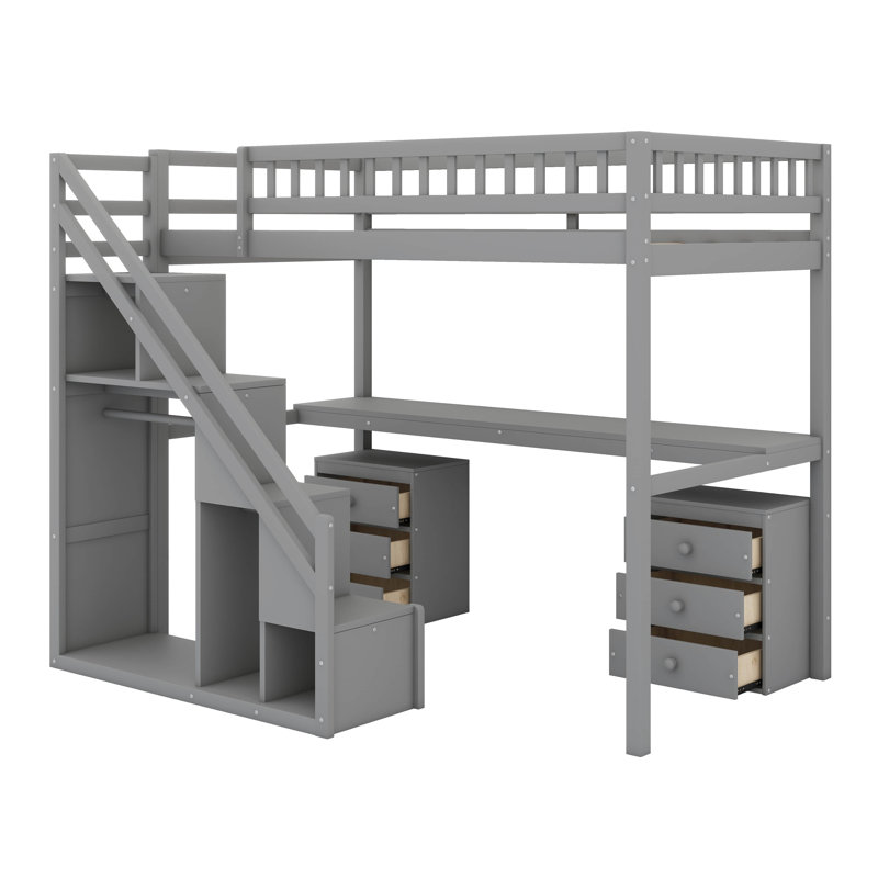 Lit mezzanine en bois moderne avec garde-robe ouverte, tablettes de rangement, tiroirs et garde-corps pleine longueur, Gris