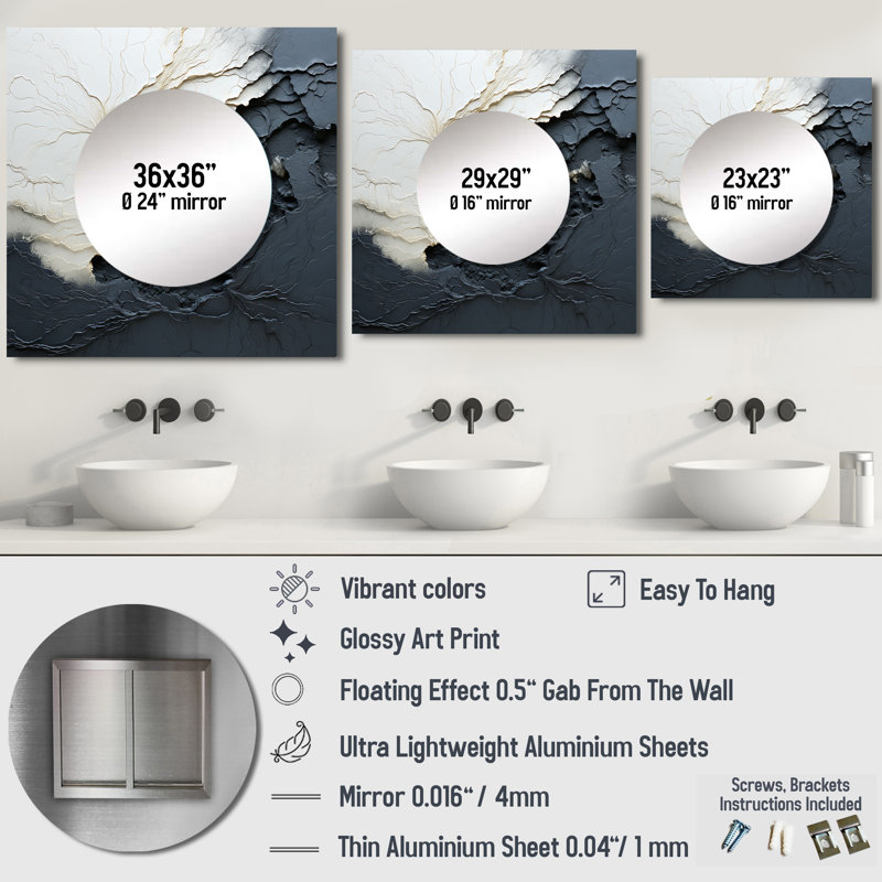 Dusenberry - Minimalism Black And White Paint Wave III Coastal Square Mirror Wall Art For Bathroom, 23" x 23"