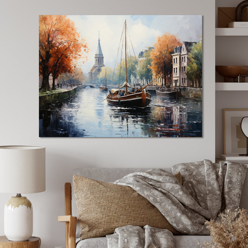 Orange Canal Waterway Pointillism I - reproduction, H 12 po x l 20 po x P 1 po, Toile tendue