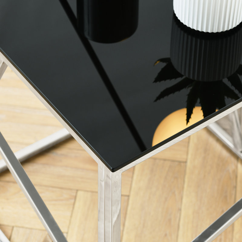Table basse élégante et moderne avec plateau en verre trempé et structure en acier inoxydable, parfaite pour le salon et la chambre à coucher