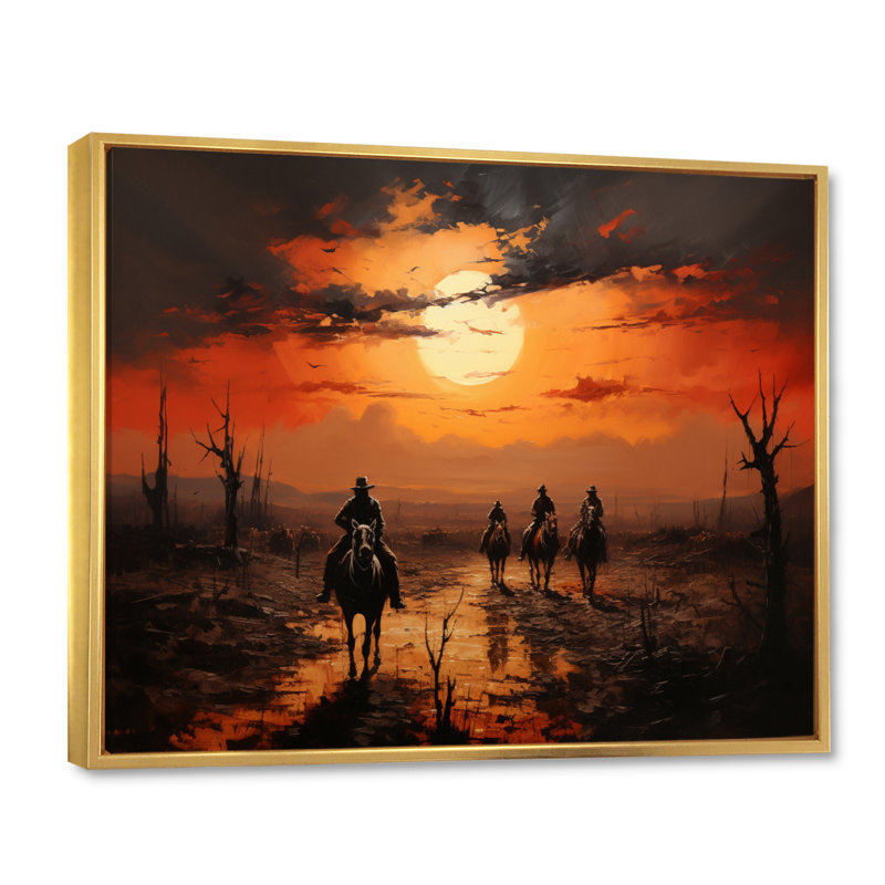 Western Sunset Riders Pointillism Art I - décoration murale occidentale, Cadre flottant doré, H 30 po x l 40 po x P 1,5 po