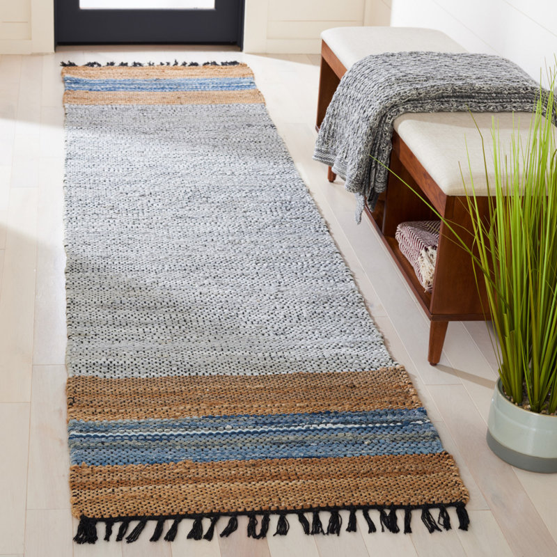 Vintage Leather Hand Woven Leather/Jute/Cotton Rug in Beige/Gray/Blue, Runner 2'3" x 8'