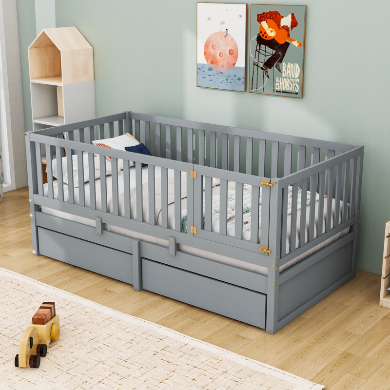 Lit de jour en bois avec garde-corps et tiroirs de rangement, Simple, Gris