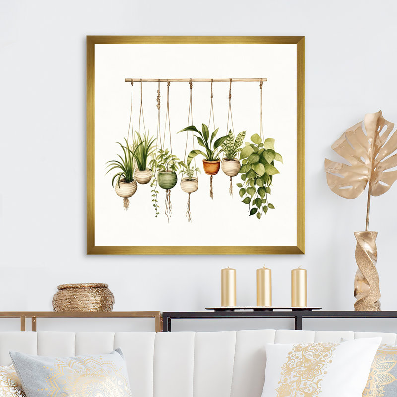 Plantes suspendues aquarelle botanique bohème, H 36 po x l 36 po x P 1,5 po, Cadre doré à une seule photo