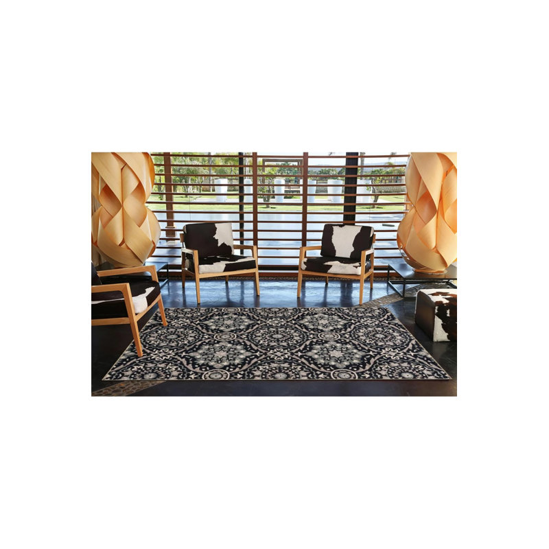 Tapis noir lavable à motif floral noir, Rectangle 3 pi 4 po x 6 pi 7 po