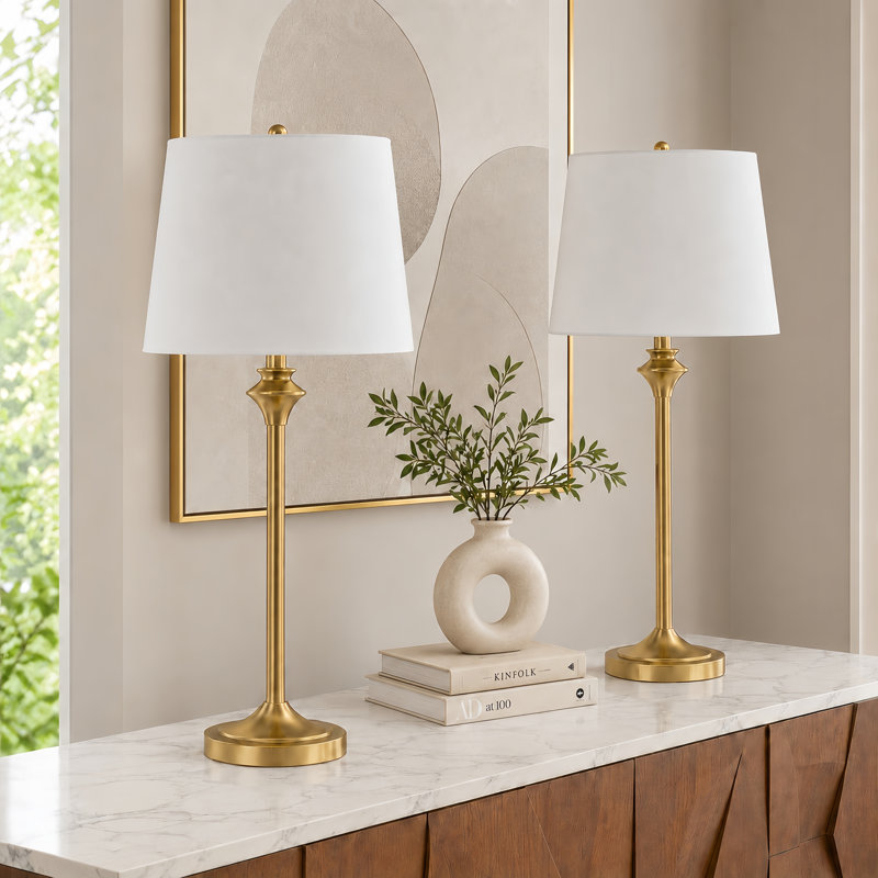 Lampe de table moderne en laiton poli L 26 po avec interrupteur à bouton et abat-jour en lin L chariot, Laiton poli