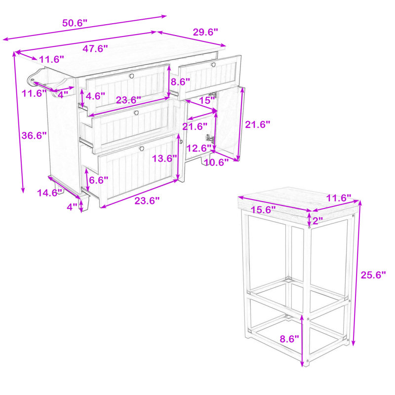 Adda Rustic Storage Kitchen Island Set with Expandable Drop-Leaf Tabletop and 2 Stools, White