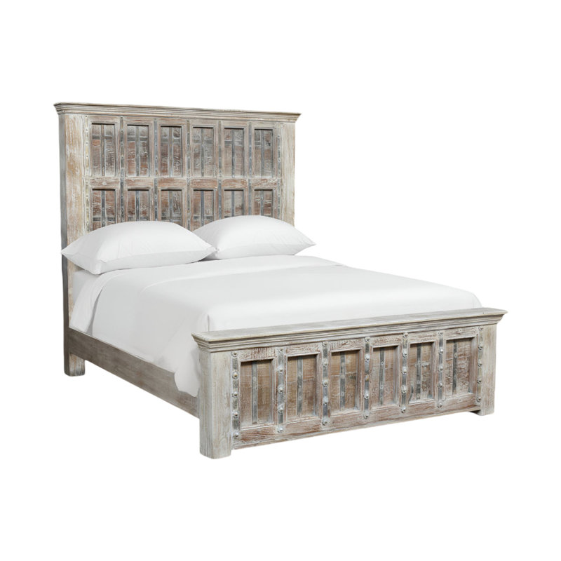 Natural Carved Geometric Distressed Solid Wood King Bed Frame