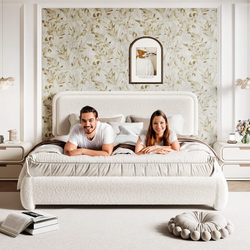 Boucle Bed Frame with Adjustable Headboard, Upholstered Bed Frame with Soft Rounded Corners, No Box Spring Needed/Easy Assembly/Noise Free