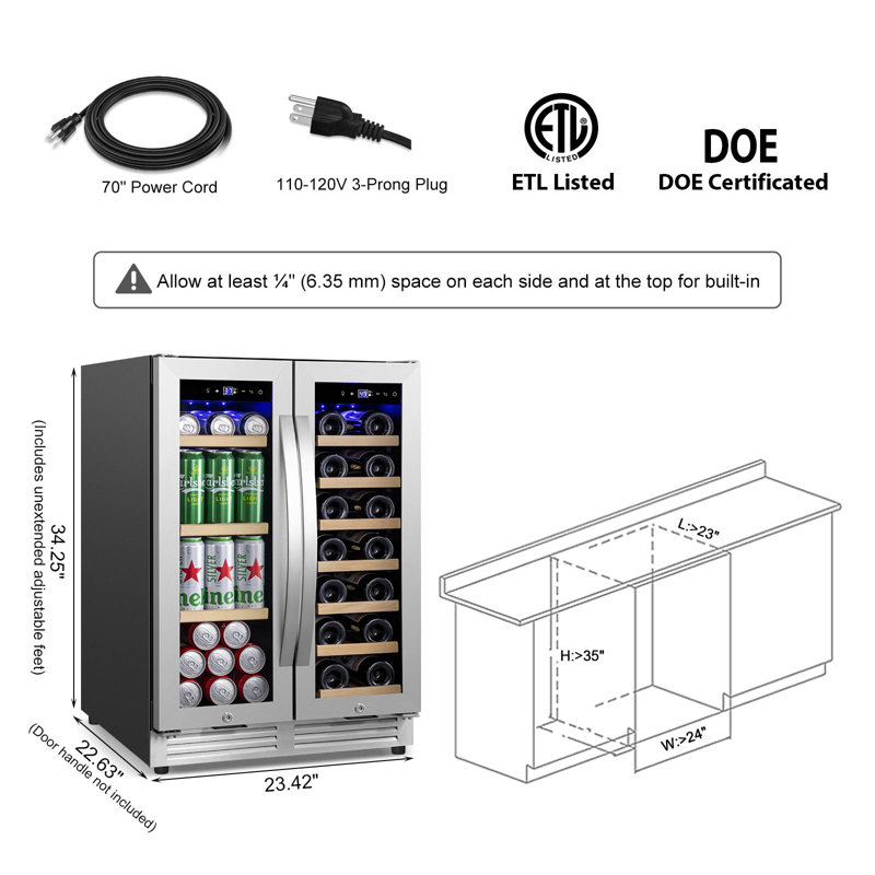 Ensemble 3 pièces d'appareils de cuisine avec cuisinière coulissante à double combustible de 6,1 pi³ 6 brûleurs de 36 po jusqu'à 22 000 Btus, hotte intégrée à conduit et sans conduit de 30 po, réfrigérateur à boissons et à vin à deux zones de 24 po, acier inoxydable