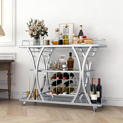 Silver bar cart with glass rack and wine rack, dining cart with glass rack for three story home bar counter