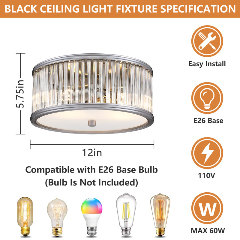 12" 2-Light Dimmable Crystal Flush Mount Lighting, Nickel