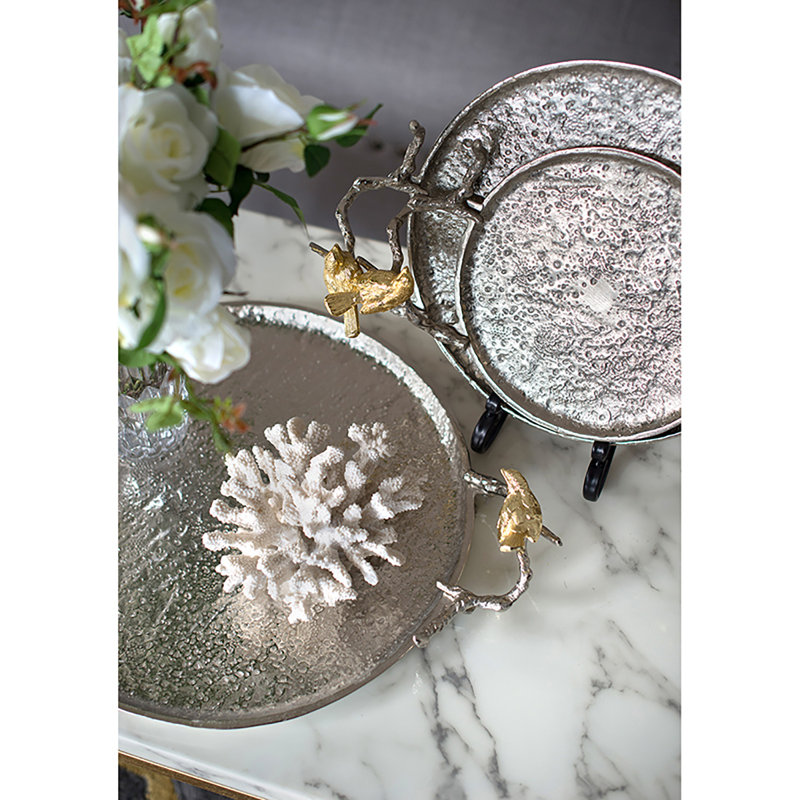 14” Decorative Silver Aluminum Tray with Gold Bird Handles, Nature-Inspired Accent Tray for Serving, Organization, or Centerpiece 
