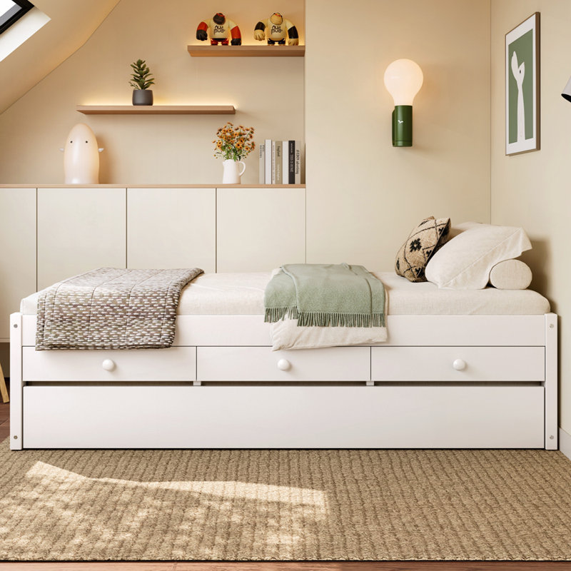 Lit plateforme en bois massif avec lit gigogne et 2 tiroirs, Blanc, Lit simple