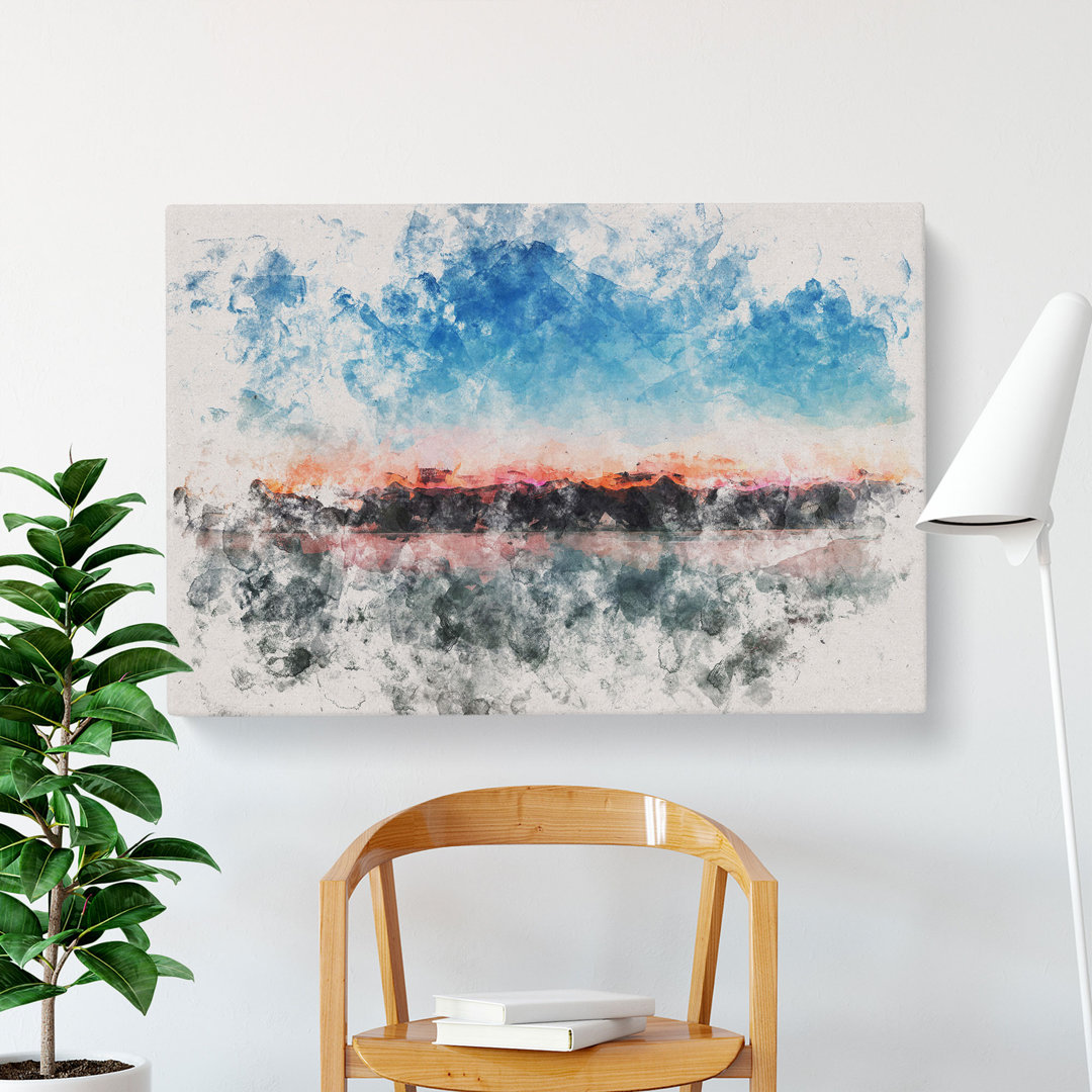 Fuchsia Sky Above the Mountains Watercolour - Wrapped Canvas