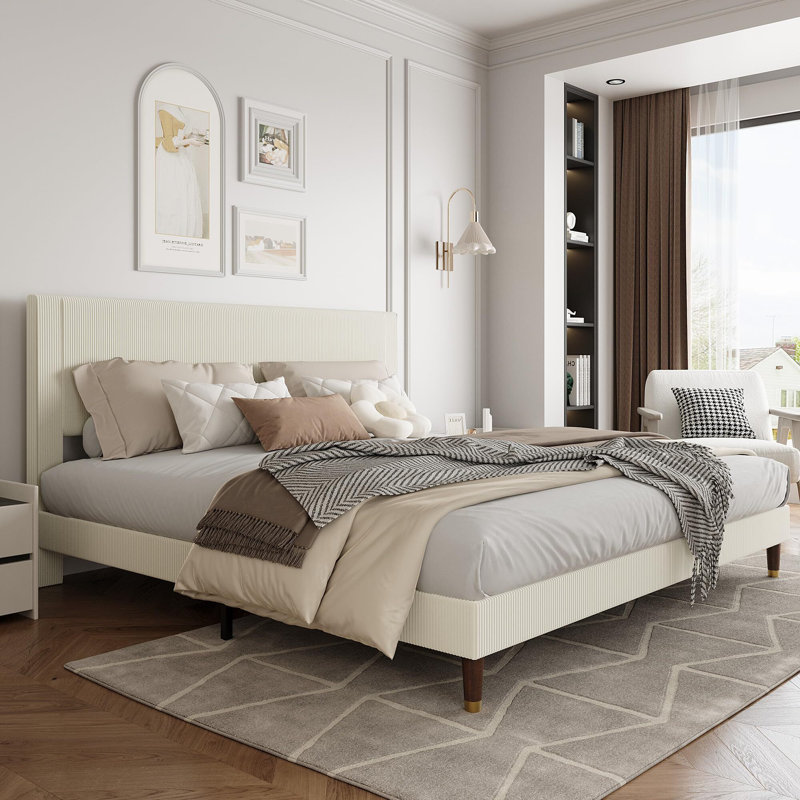 Structure de lit avec tête de lit, lit plateforme tapissier en velours côtelé avec support en lattes de bois - aucun sommier nécessaire et sans bruit, facile à assembler, pour appartement de chambre à coucher