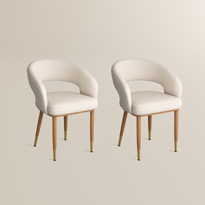 Modern Upholstered Dining Chairs Set of 2, Barrel Chairs with Open Back, Faux Leather Dining Chairs, Beige & Light Walnut