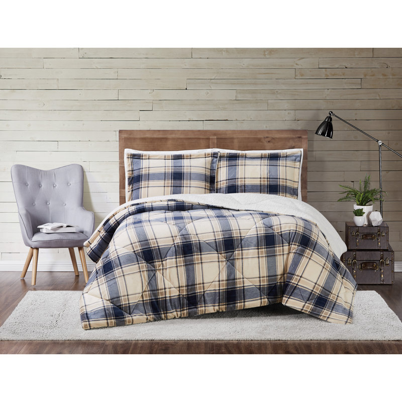 Truly Soft Cuddle Standard Polyester Comforter Set, King Comforter + 2 Shams, Blue/Cream