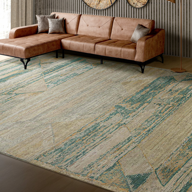 Hand Knotted Wool Abstract Area Rug in Beige/Green, Rectangle 10' x 14'