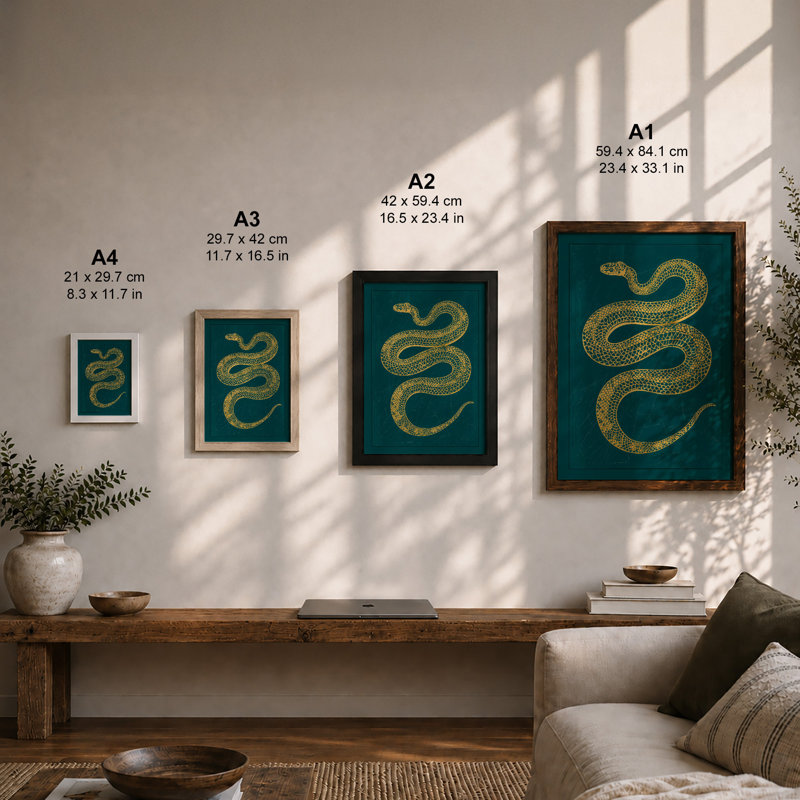 Golden Serpent Japandi - Framed Print, Black, A4 - 29.7 x 21.0 cm