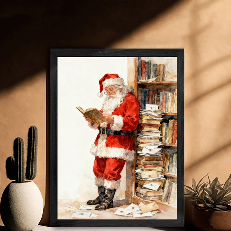 Père Noël noir encadré noir avec poignées de lettres des Fêtes, art mural, réalisme aquarelle, impressions encadrées