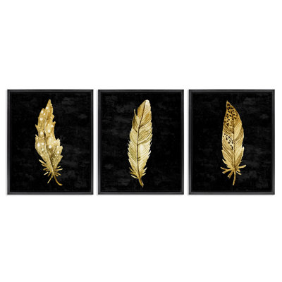 Black & Gold Feathers 3pc Floating Frame Set, design by Kim Allen