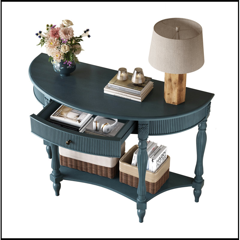 Demi-lune en bois avec tiroir et tablette, Antique Blue