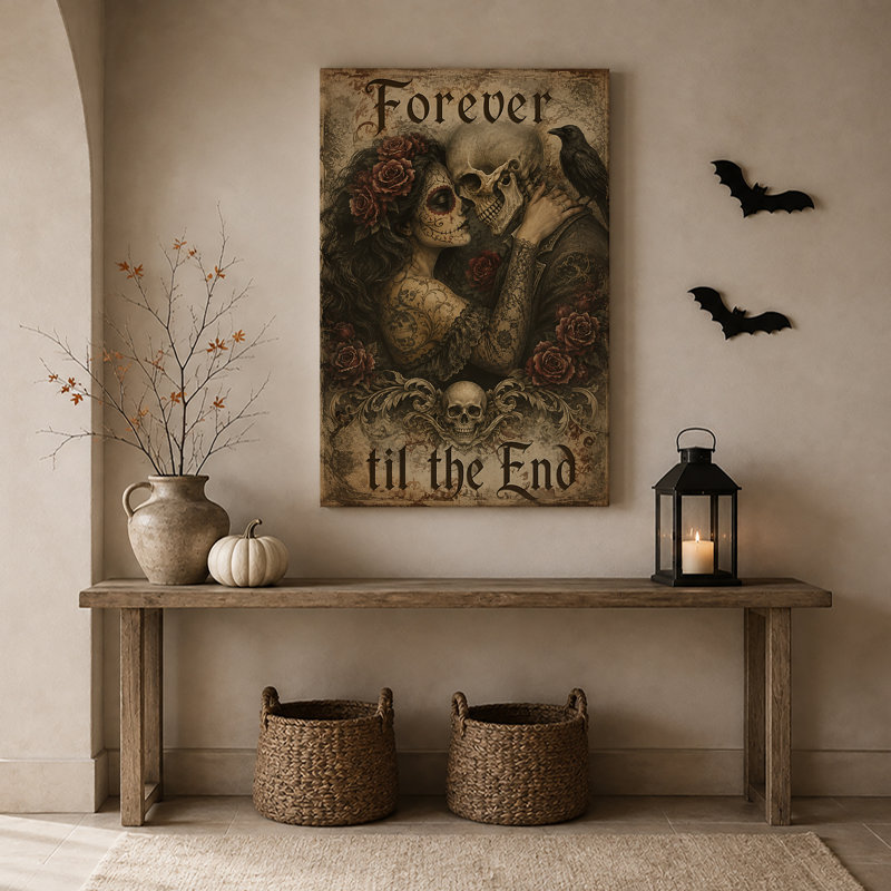 «Sugar Skull Woman and Skeleton with Roses in Halloween», art mural sur toile, H 18 po x l 12 po
