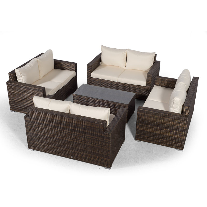 Villatoro Brown Rattan 4 X 2 Seat Sofa With 2 X Rectangle Coffee Table, Outdoor Patio Garden Furniture