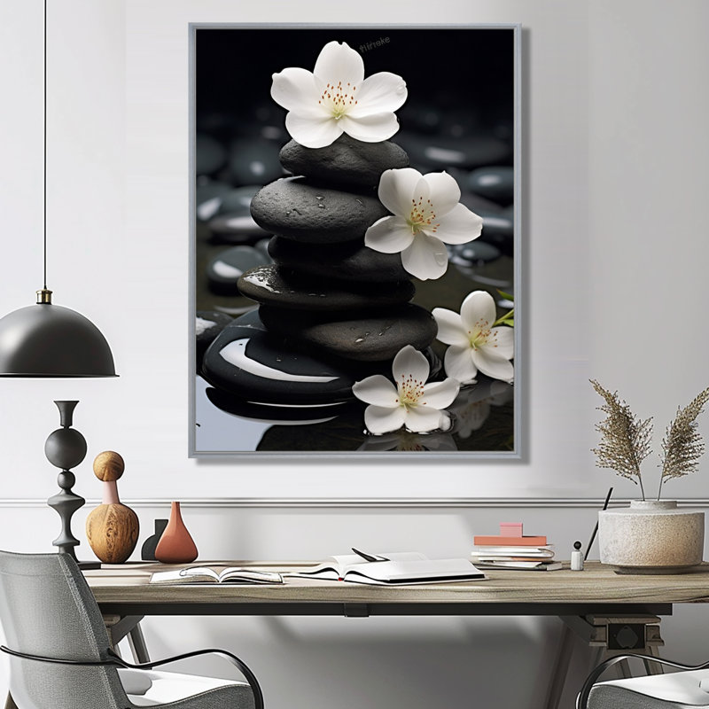 Zen Zen Serenity fleurs blanches pierre noire Cairn - impressions spirituelles sur pierre, H 32 po x l 16 po, Argent argent