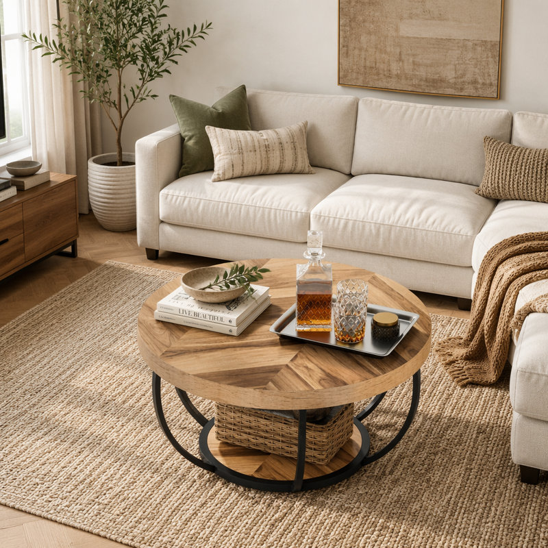 Table basse ronde en bois avec deux niveaux et tablettes de rangement pour centre de table moderne, Rustic Brown / Black