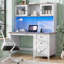 Bureau d'ordinateur en bois Farmhouse l 47 po avec huche et éclairage à DEL, blanc et brun