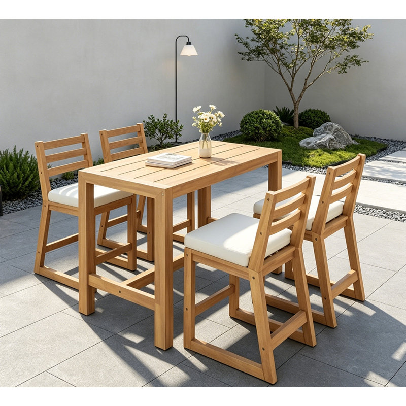 Ensemble de bar de patio, table de patio et chaises avec chaises ergonomiques 5 pièces, Light Teak