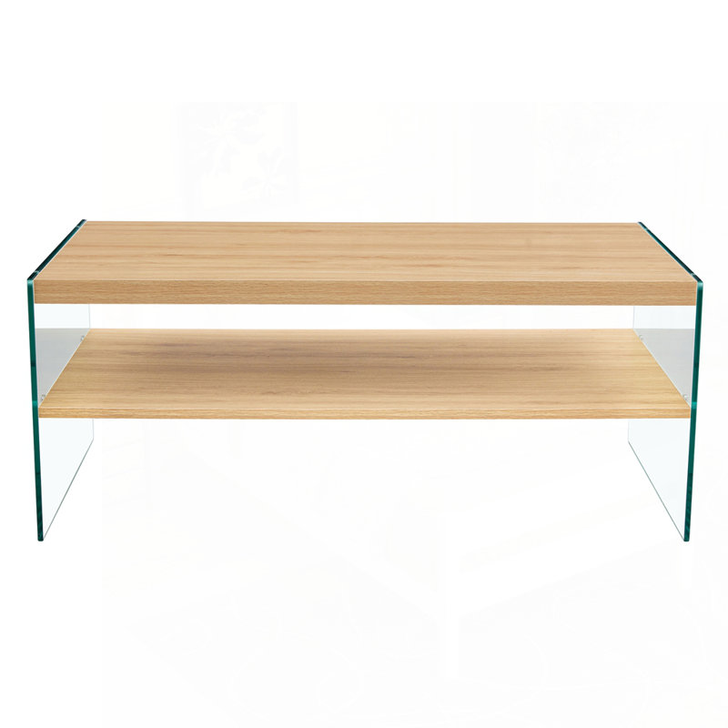 Versatile Double-Layered Rectangular Coffee Table for Various Settings, Natural Wood