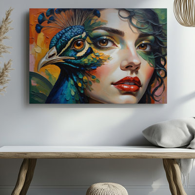 Reproduction d'art sur toile à gros plan, paon coloré et femme