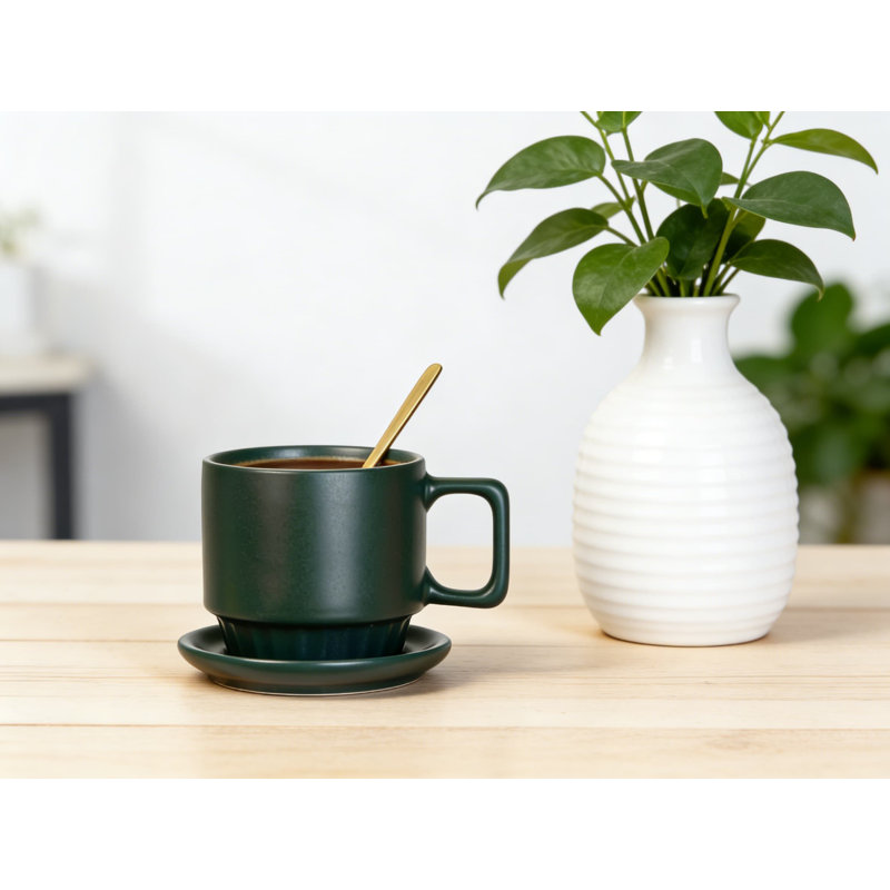Ensemble de tasses à café avec soucoupes, cuillères et support en métal - paquet de 4 tasses en porcelaine 11,5 oz, lave-vaisselle et micro-ondes
