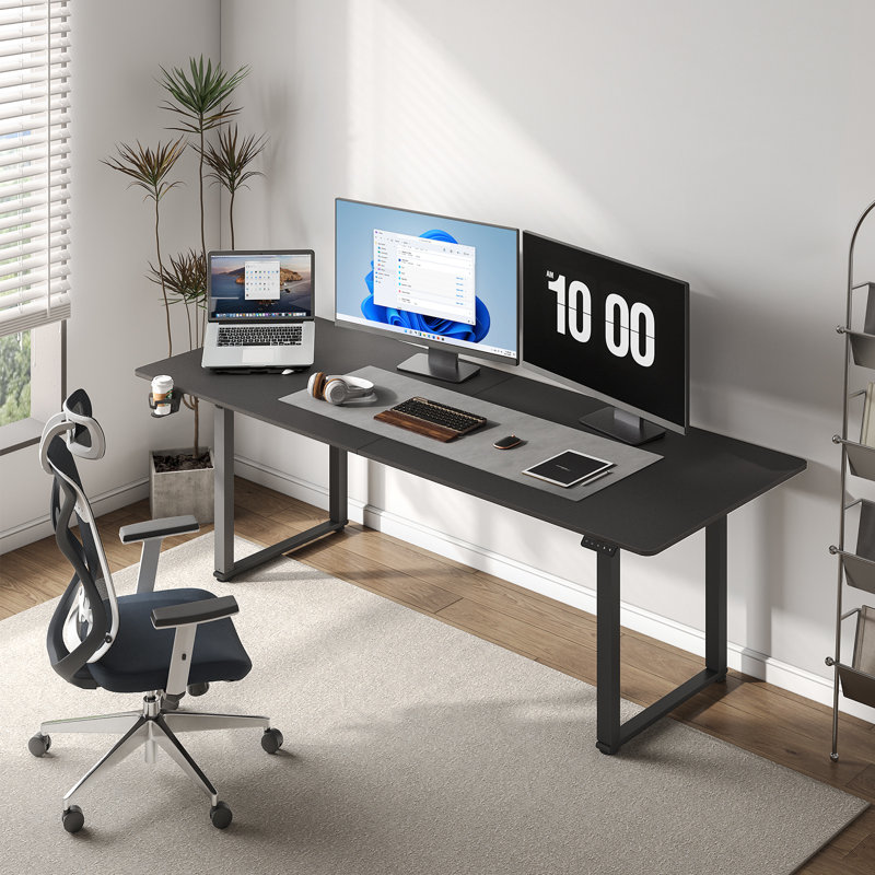 Dejanai Adjustable Metal Base Standing Desk with Power Outlet, Black, 46" H x 71" W x 31.5" D