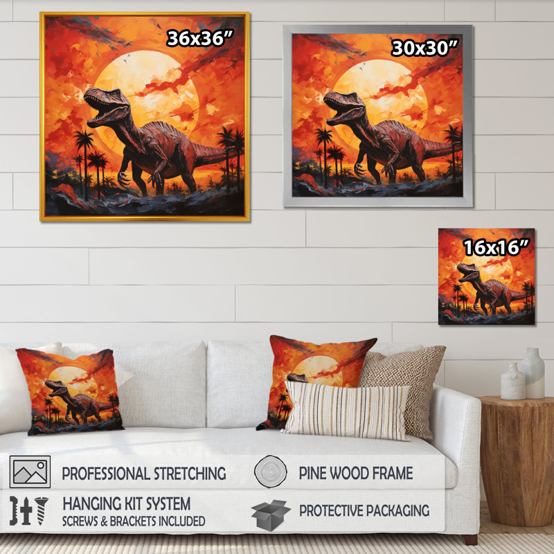 Coucher de soleil de dinosaure rouge et jaune I - art de mur de dinosaure, H 36 po x l 36 po x P 1,5 po, Cadre flottant doré