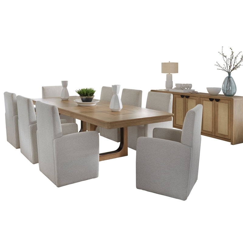 Table rectangulaire Pula avec console et 8 chaises à roulettes