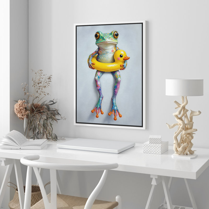 «Colorful Frog Duck Float Whimsical Animal», reproduction d'art sur toile encadrée dans la chambre principale, White