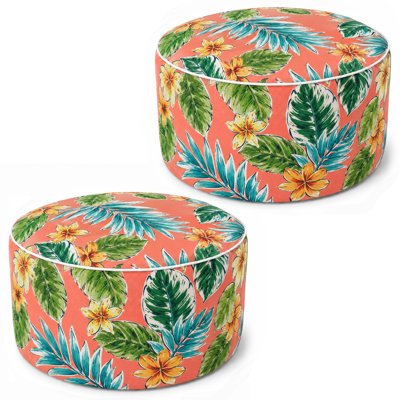 2-Pack Outdoor Inflatable Ottoman 21"x21"x9", Fade-Resistant Patio Footrest Stool with Carry Handle, Portable Pouf for Patio, Garden, Camping and Indoor Use-Tropical Palm Leaves