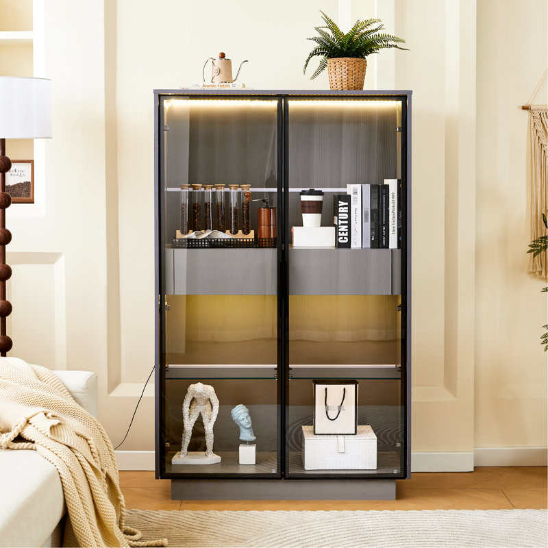 60.6'' Tall Display Cabinet With Tempered Glass Door In Grey - Led Lighting, Two Drawers, Adjustable Shelves For Living Room, Office & Study Lights And Drawers Modern Storage Office,